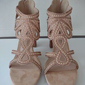Women's Embellished Tan Gladiators Pearls, Bronze Sequins Stacked Heel 9M NEW!